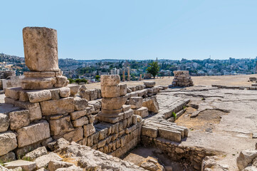 A view down the  inside of the Temple of Hercules in the citadel in Amman, Jordan in summertime