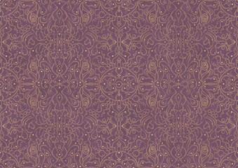 Hand-drawn unique abstract symmetrical seamless gold ornament on a purple background. Paper texture. Digital artwork, A4. (pattern: p07-2b)