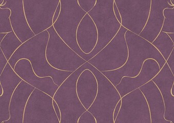 Hand-drawn unique abstract symmetrical seamless gold ornament on a purple background. Paper texture. Digital artwork, A4. (pattern: p08-1a)