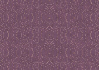 Hand-drawn unique abstract symmetrical seamless gold ornament on a purple background. Paper texture. Digital artwork, A4. (pattern: p08-1c)