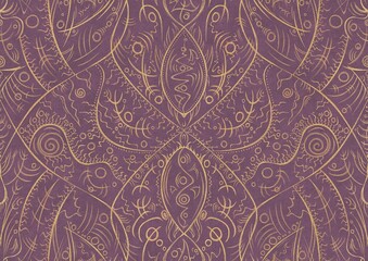 Hand-drawn unique abstract symmetrical seamless gold ornament on a purple background. Paper texture. Digital artwork, A4. (pattern: p08-2a)