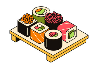 Vector 3d illustration of traditional asian food, serving sushi on board. Seafood icons, japanese cuisine. Rolls with rice, fish, salmon, avocado and seaweed