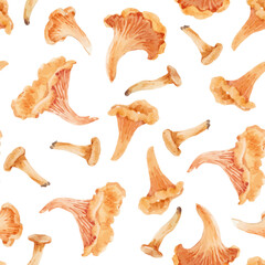 Beautiful vector natural seamless pattern with watercolor hand drawn forest chanterelle mushroom. Stock illustration.