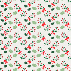 Christmas seamless pattern holly berry branch with ribbon on smoke white background. Christmas plant seasonal surface. Botanical vector illustration.