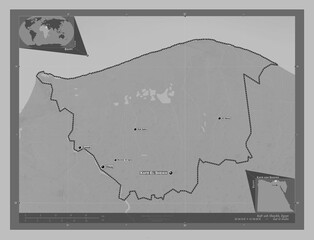 Kafr ash Shaykh, Egypt. Grayscale. Labelled points of cities