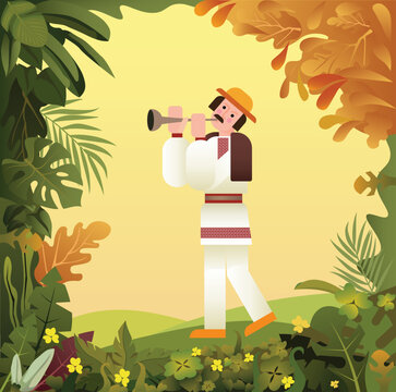 Flat male character of a hutsul peasant in traditional ukrainian hutsul in folk clothes and straw hat playing wooden flute. Forest plants frame. Vector slavic folklore illustration.