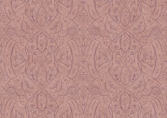 Hand-drawn abstract seamless ornament. Purple on a pale pink background. Paper texture. Digital artwork, A4. (pattern: p08-2b)