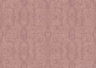 Hand-drawn abstract seamless ornament. Purple on a pale pink background. Paper texture. Digital artwork, A4. (pattern: p09b)