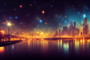 3d illustration of night city with a bright lights and stars on sky