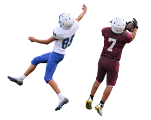 Young athletic tackle football players making great plays during a game