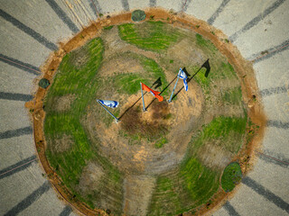 Aerial drone view of the flower highway interchange with Israeli flags- Rishon Lezion