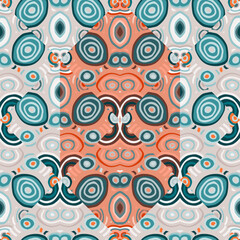 Fototapeta na wymiar Decorative abstract mosaic ornament. Kaleidoscope seamless pattern. Hand drawn circle shapes wallpaper.