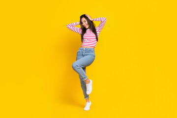 Fototapeta na wymiar Full length photo of positive lady eyes closed enjoy cool summer party good mood relax rest empty isolated on yellow color background
