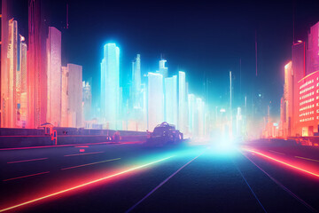 Fototapeta na wymiar 3d render illustration of night futuristic city with neon lignts and road
