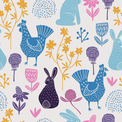 Seamless pattern with colorful chickens and rabbits in flowers, contour doodle vector illustration