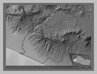 Ahuachapan, El Salvador. Grayscale. Labelled points of cities