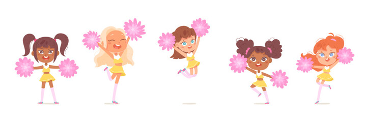 Dance of cheerleaders set, young cute girls in uniform cheer football school team