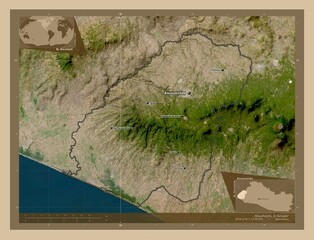 Ahuachapan, El Salvador. Low-res satellite. Labelled points of cities