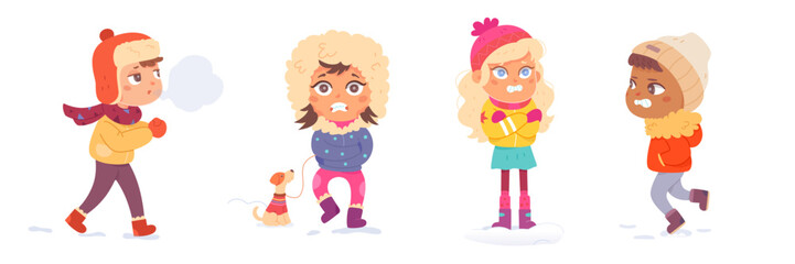 Children shivering from winter cold set, kids wearing warm coats, hat, mittens and boots