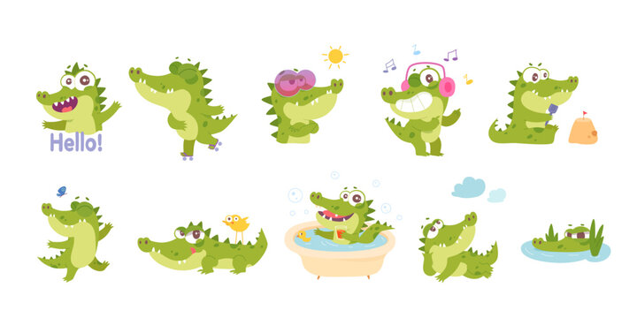 Cute crocodile character with friends set, funny animation of adorable baby alligator