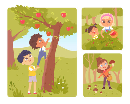 Cute school kids picking forest or park berries and mushrooms, apples in garden set