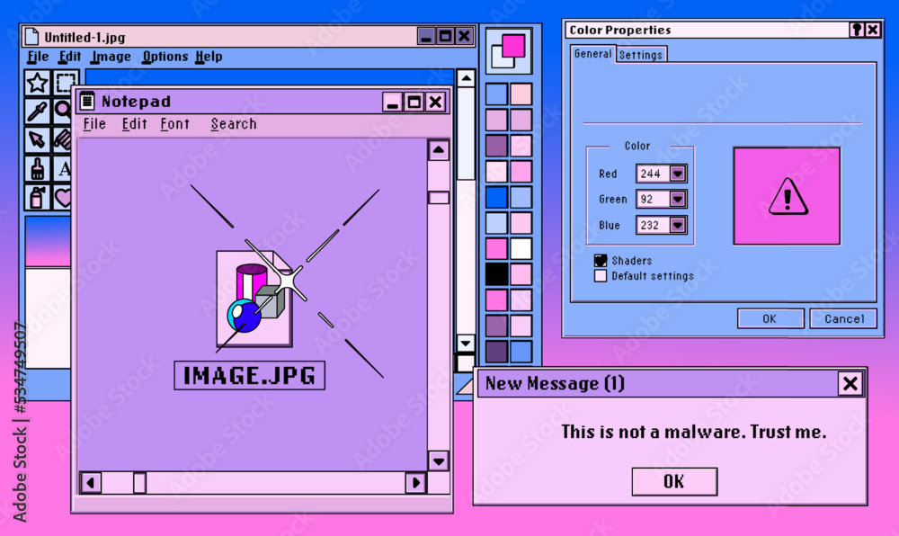 Poster Collage of retro user interface and icons in pastel pink colors. Vaporwave style illustration for the programming and DevOps subjects.
