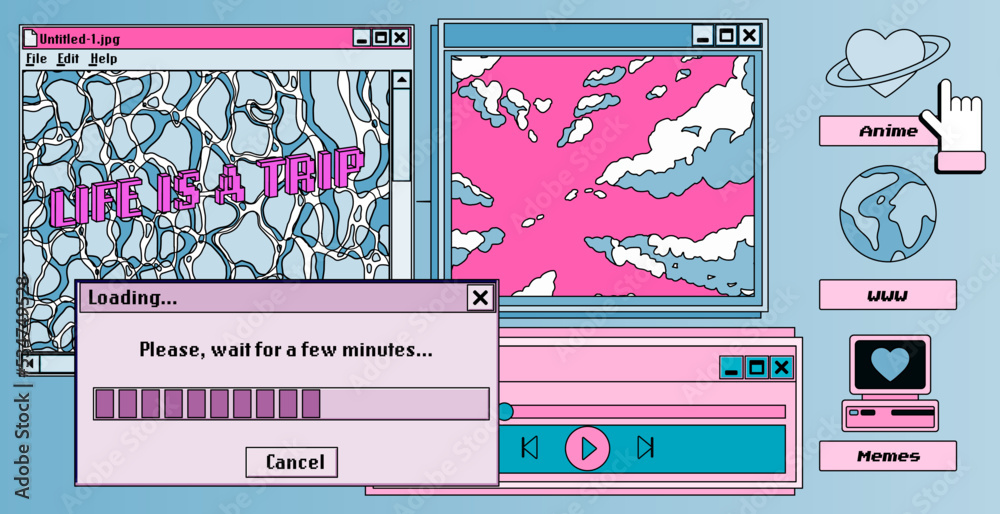 Poster Collage of retro user interface and icons in pastel pink colors. Vaporwave style illustration for the programming and DevOps subjects.
