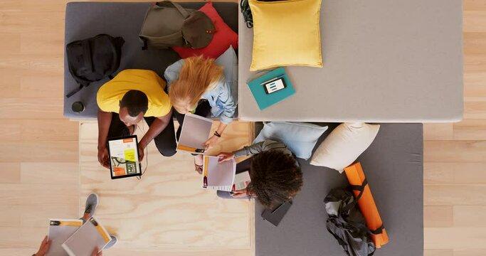 Teamwork, creative workshop and top view and timelapse of idea sharing. Diversity, support and men and women in design team working together. Collaboration at designer startup in casual modern office