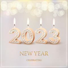 2023 New Year holiday party celebrating, greeting card vector illustration. 3d realistic gold New Year text, 2023 candle numbers with icing and fire, candlelight decor for romantic celebration.