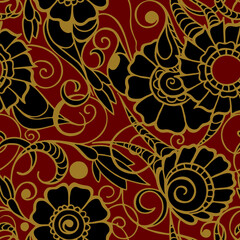 seamless pattern of large black flowers with a golden outline on a red background, texture, design