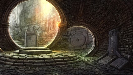 Fototapeta na wymiar Old palace stone corridor, portal, passage to another world. Stone arches with magical light, runes. Fantasy palace interior with a portal. 3D illustration.