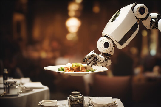 3d illustration robotic technology as waiter in modern restaurant