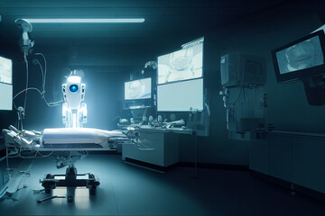 3d illustration of surgery robot in modern surgery room medical technology controlled by AI