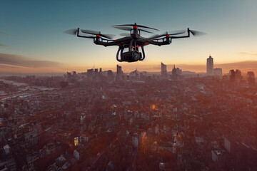 Naklejka na ściany i meble 3d illustration drone with digital camera flying over a city and patrolling the environment