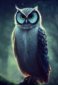 Majestic Beautiful Owl In The Forest, Hand Painted.