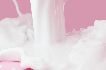 Milk splash on a pink background.  Realisting pouring milk or cream.Delicious 3D illustration
