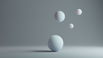 Perfect spheres on a blue grey background. Minimalistic modern abstract 3D design. Meditative surrealistic illustration
