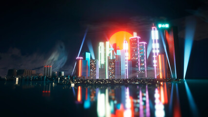 Futuristic cyberpunk city with neon night lights throught industrial smoke.Hi-tech cityscape. with red 
