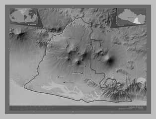 Usulutan, El Salvador. Grayscale. Labelled points of cities