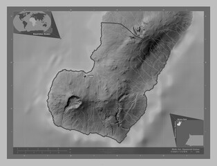 Bioko Sur, Equatorial Guinea. Grayscale. Labelled points of cities