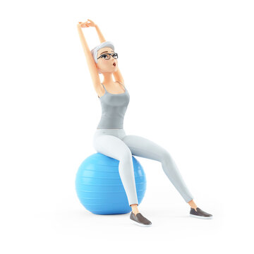 3d senior woman sitting on fitness ball doing stretching exercise