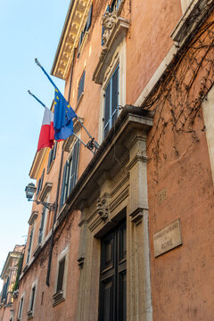 The Facade of the French Consolate in Rome, Italy, on Blurred Background