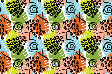 seamless pattern with animal skin and tropical leaves