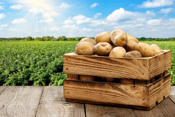 potatoes in wooden crate on table with green field