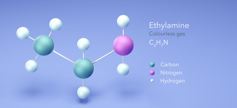 ethylamine, molecular structures, colourless gas, 3d model, Structural Chemical Formula and Atoms with Color Coding
