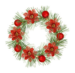 Christmas wreath from pine twigs with red holiday decorations isolated on white