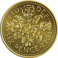 British sixpence money gold coin, reverse with floral design