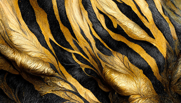 Spectacular Design For An Abstract Idea, With Black And Gold Liquid Ink Churning Together To Create What Look Like Fur, Pelts, And Feathers. Excellent Quality. Digital Art 3D Illustration.