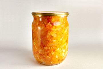 A jar of vegetable salad. Homemade twists.