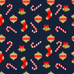 Christmas seamless pattern with gold bauble, sock and ribbon bell on navy blue background. Seasonal celebration abstract surface. Christmas decoration vector illustration.